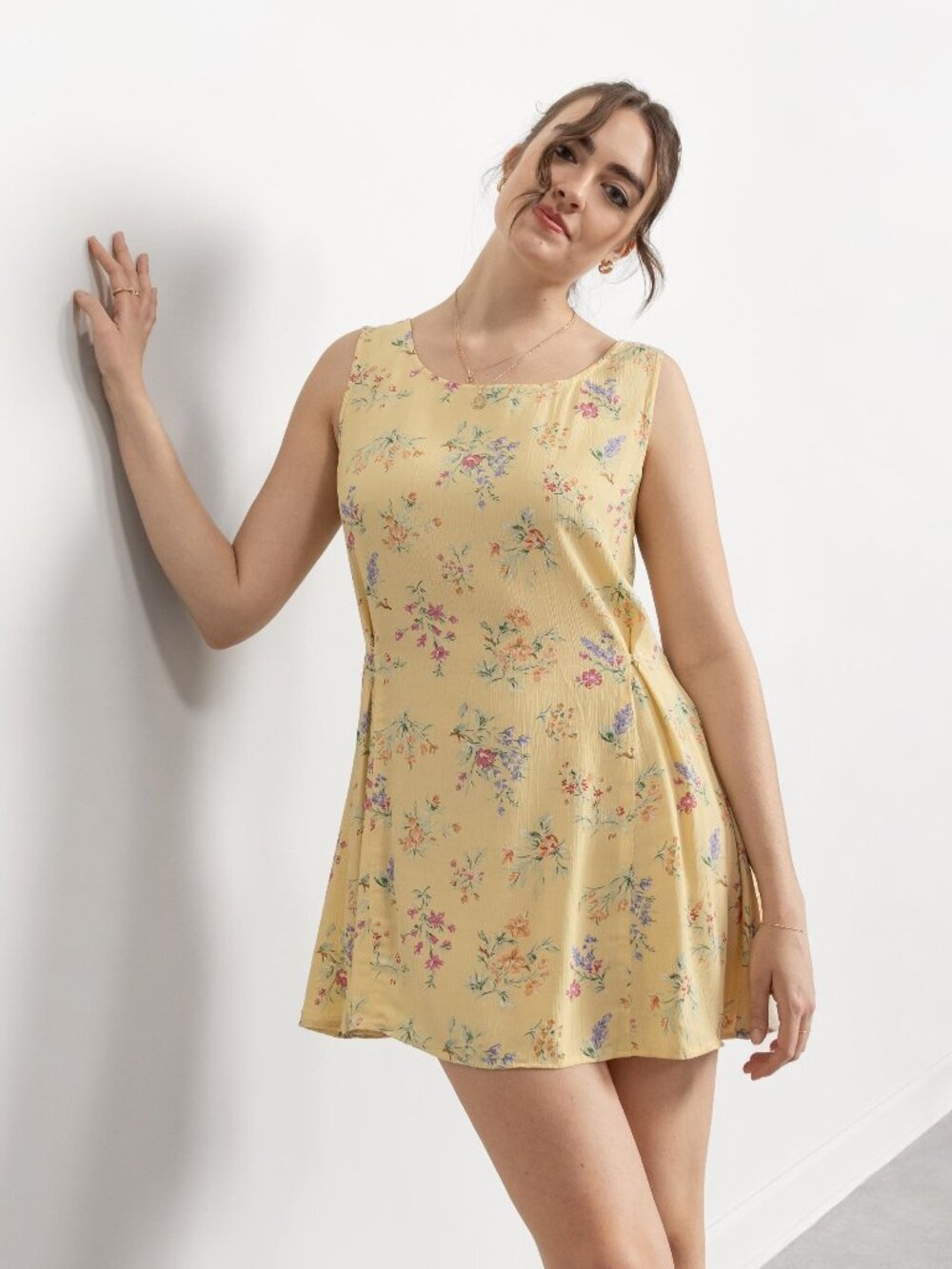 Vintage Yellow Floral Dress – 90's Rayon Mini Summer Fit: Large